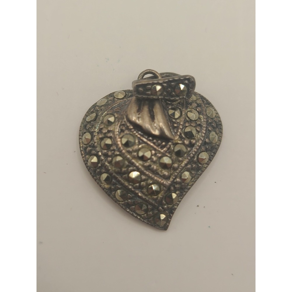 VTG Sterling Silver Marcasite Heart Pendant 925 Art Deco Style Delicate 1.25"